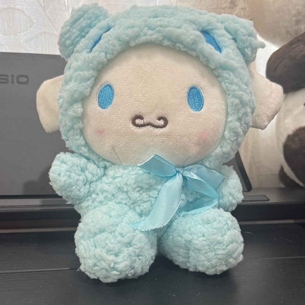 Cinnamon Roll Blue Stuffed Animal with Ribbon